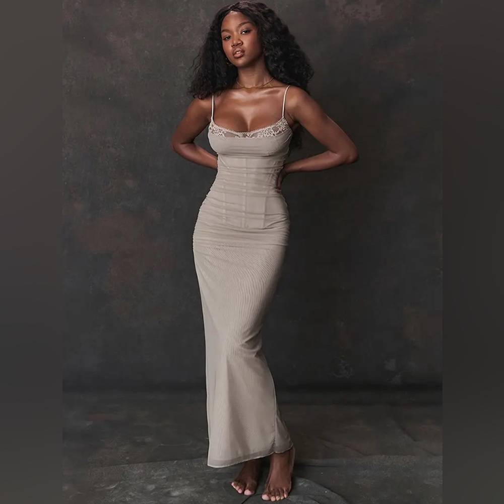 NWT-Contrast Lace Ruched Maxi Dress